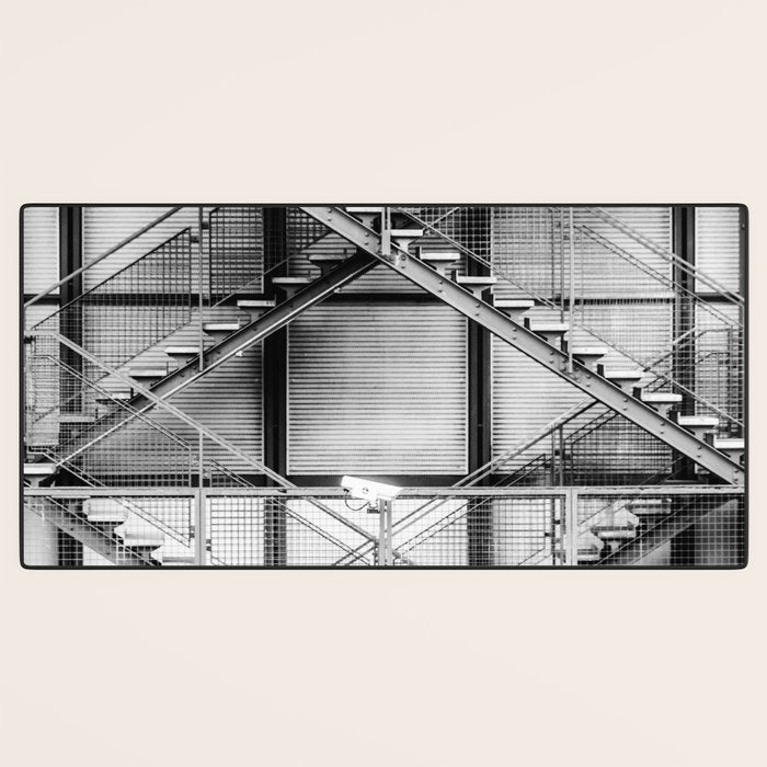 Escape from New York fire escape symmetrical steel staircase architecture black and white photograph Desk Mat Gallery Image 3
