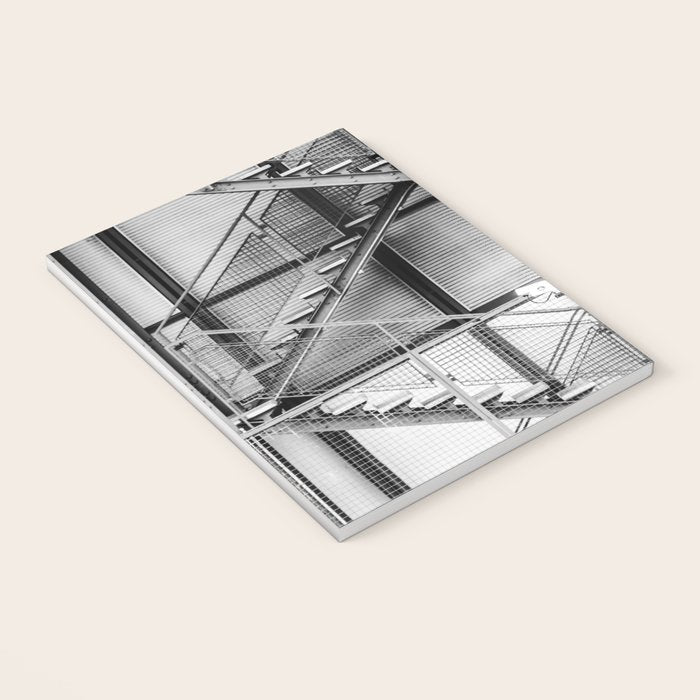 Escape from New York fire escape symmetrical steel staircase architecture black and white photograph Notebook Gallery Image 3