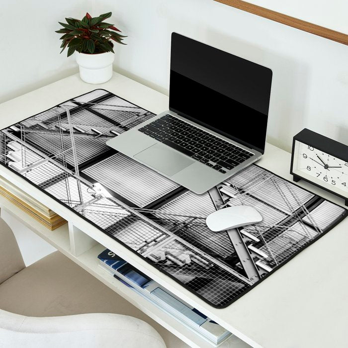 Escape from New York fire escape symmetrical steel staircase architecture black and white photograph Desk Mat Gallery Image 2