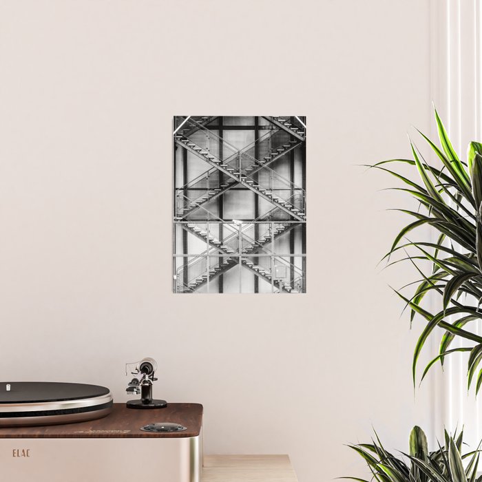 Escape from New York fire escape symmetrical steel staircase architecture black and white photograph Poster Gallery Image 2