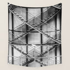 Escape from New York fire escape symmetrical steel staircase architecture black and white photograph Wall Tapestry Gallery Image 4