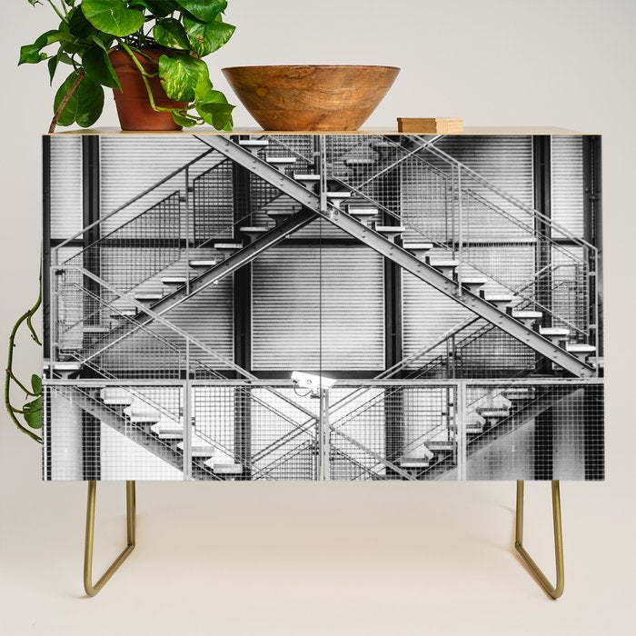 Escape from New York fire escape symmetrical steel staircase architecture black and white photograph Credenza Gallery Image 1