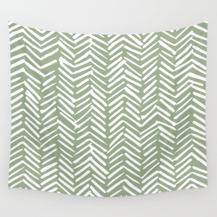 Boho, Abstract, Herringbone Pattern, Sage Green and White Wall Tapestry Gallery Image 1