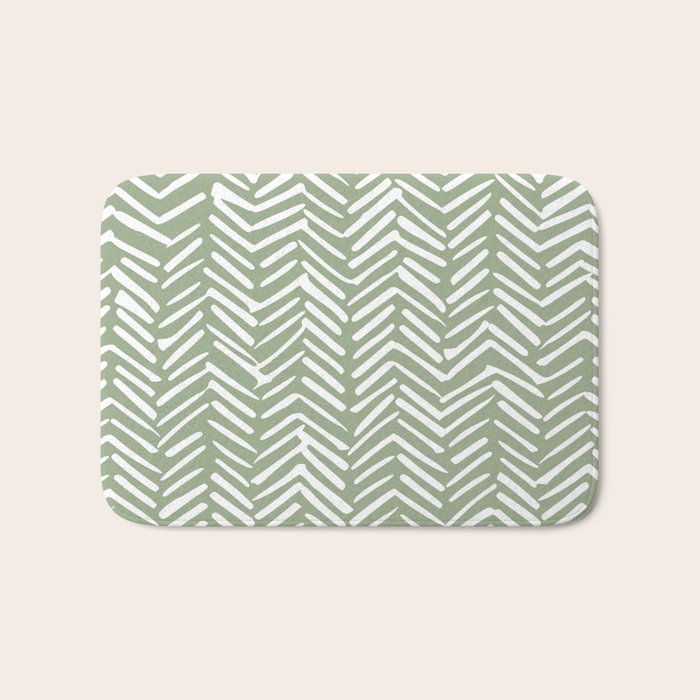 Boho, Abstract, Herringbone Pattern, Sage Green and White Bath Mat Gallery Image 1
