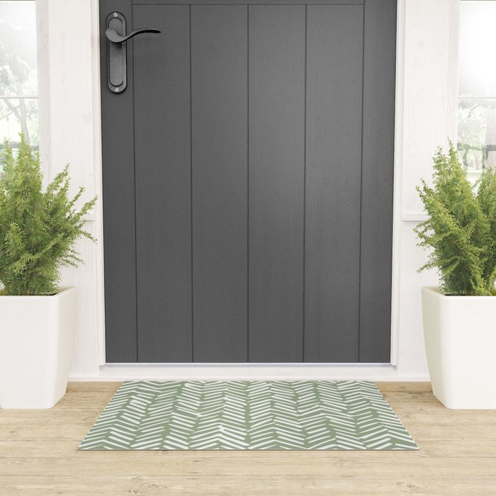 Boho, Abstract, Herringbone Pattern, Sage Green and White Welcome Mat Gallery Image 3