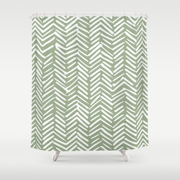 Boho, Abstract, Herringbone Pattern, Sage Green and White Shower Curtain Gallery Image 1