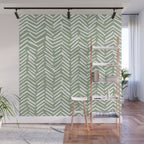 Boho, Abstract, Herringbone Pattern, Sage Green and White Wall Mural Gallery Image 1