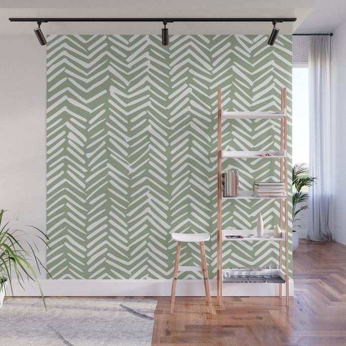 Boho, Abstract, Herringbone Pattern, Sage Green and White Wall Mural Gallery Image 1