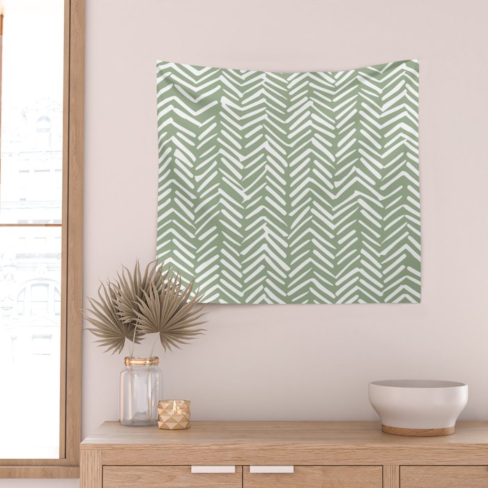 Boho, Abstract, Herringbone Pattern, Sage Green and White Wall Tapestry Gallery Image 2