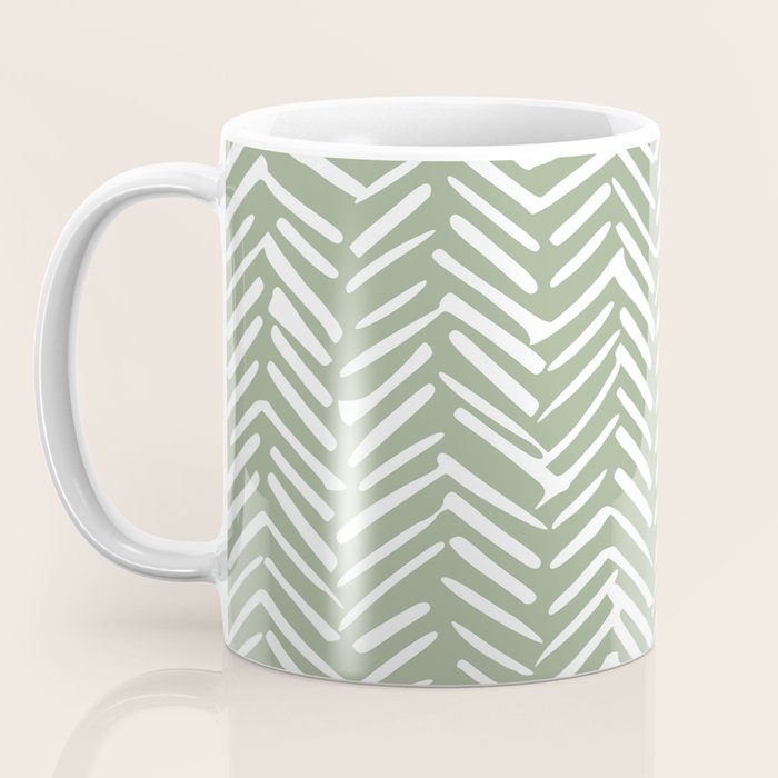 Boho, Abstract, Herringbone Pattern, Sage Green and White Coffee Mug Gallery Image 3