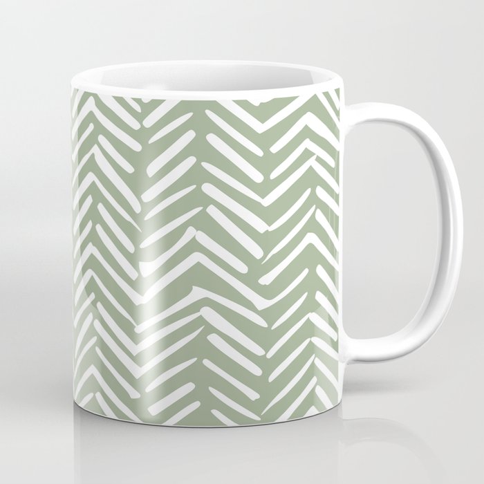 Boho, Abstract, Herringbone Pattern, Sage Green and White Coffee Mug Gallery Image 1