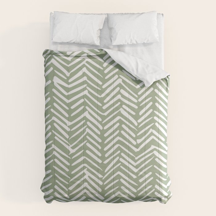 Boho, Abstract, Herringbone Pattern, Sage Green and White Comforter Gallery Image 6
