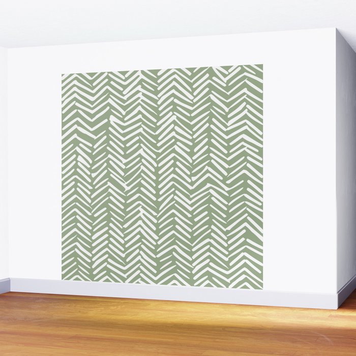 Boho, Abstract, Herringbone Pattern, Sage Green and White Wall Mural Gallery Image 2