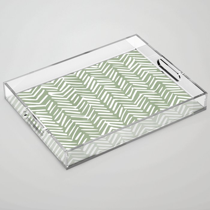 Boho, Abstract, Herringbone Pattern, Sage Green and White Acrylic Tray Gallery Image 1