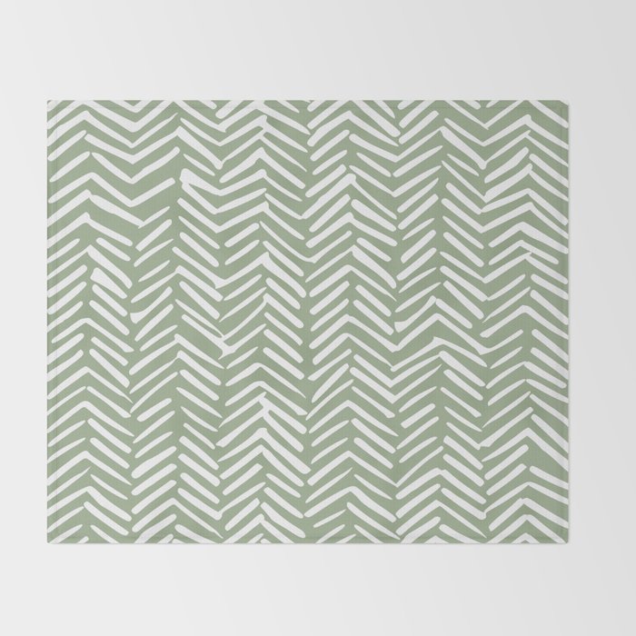 Boho, Abstract, Herringbone Pattern, Sage Green and White Throw Blanket Gallery Image 2