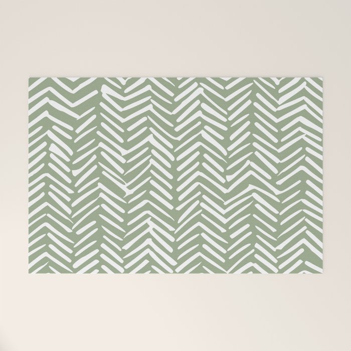 Boho, Abstract, Herringbone Pattern, Sage Green and White Welcome Mat Gallery Image 1