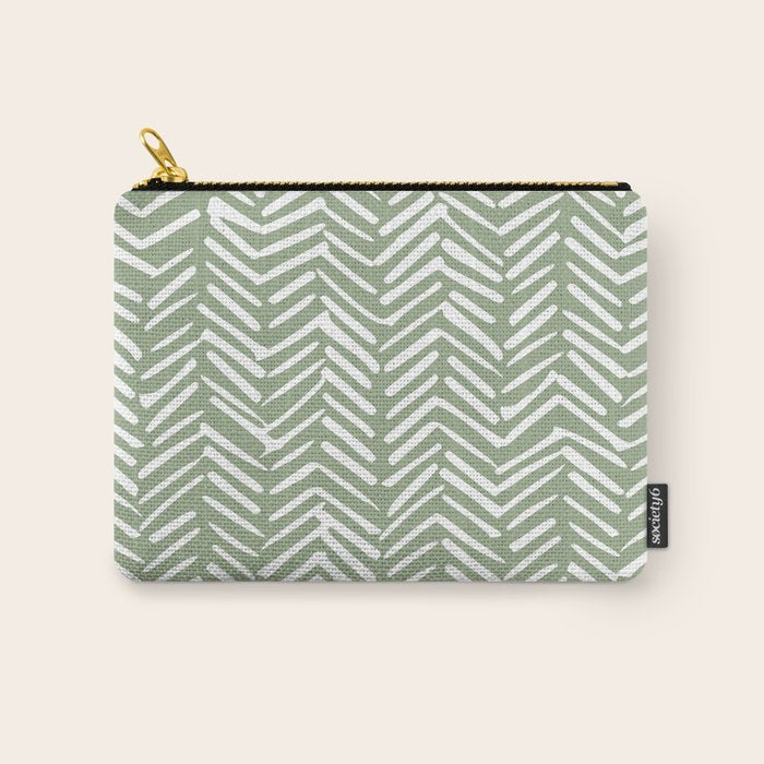 Boho, Abstract, Herringbone Pattern, Sage Green and White Carry All Pouch Gallery Image 1