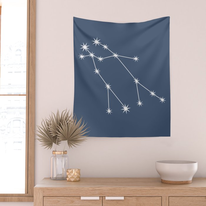 Gemini Zodiac Star Constellation Line Art Neutral Blue Wall Tapestry Gallery Image 2