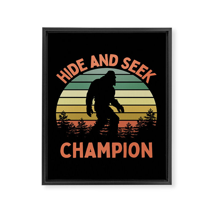 Bigfoot Hide And Seek Champion Funny Sasquatch Vintage Sunset Framed Canvas Print Gallery Image 1