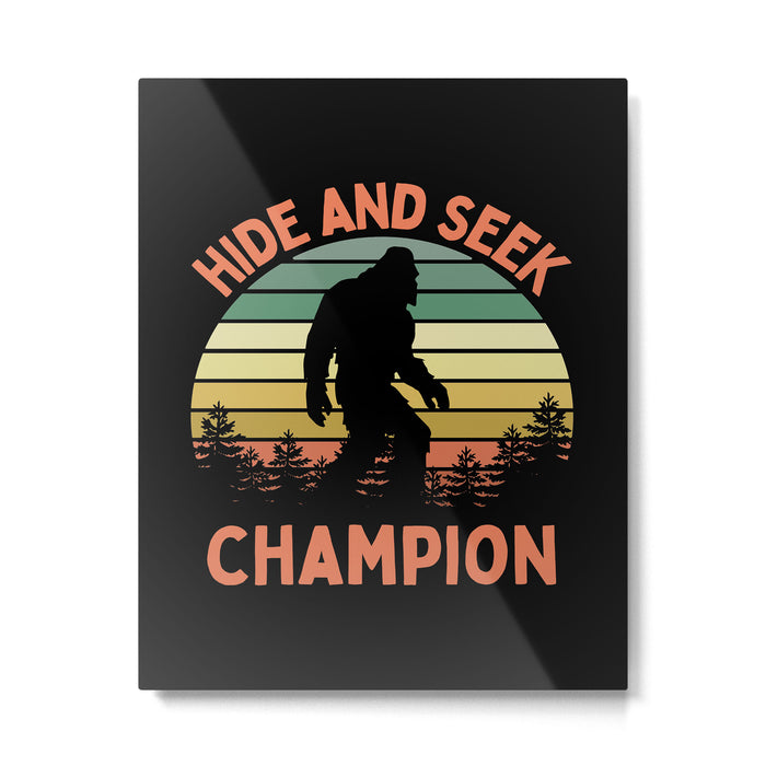 Bigfoot Hide And Seek Champion Funny Sasquatch Vintage Sunset Metal Print Gallery Image 1