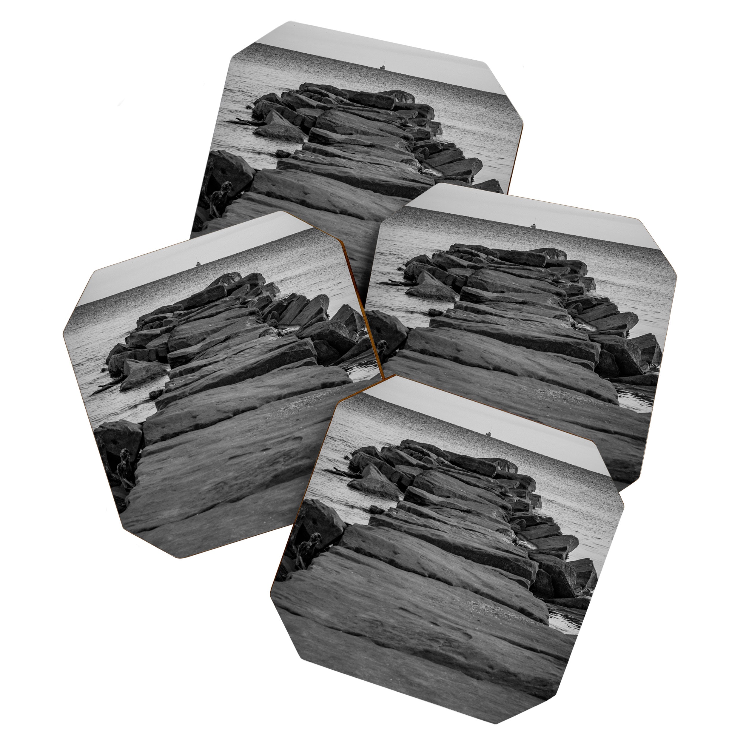 Rocky Pier Lake Erie Cleveland Ohio Black White Coastal Photography Print Coaster Gallery Image 1