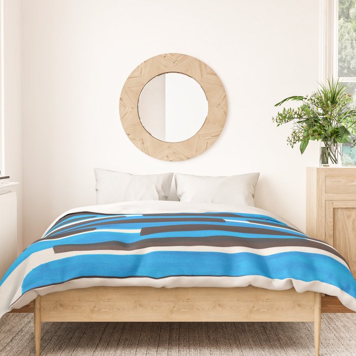 Cerulean Blue Primitive Stripes Mid Century Modern Minimalist Watercolor Gouache Painting Colorful S Duvet Cover Gallery Image 3