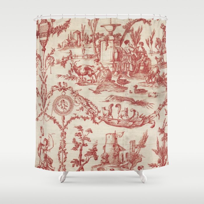 Antique 1900 Neoclassical Romantic Pastoral Toile de Jouy Shower Curtain Gallery Image 1