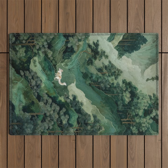 Japanese Wall Art Maximalist Forest Fox Print Japandi Art Sage Green Botanical Wabi Sabi Painting Outdoor Rug Gallery Image 1