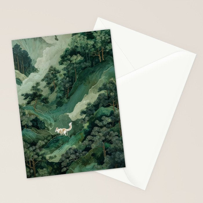 Japanese Wall Art Maximalist Forest Fox Print Japandi Art Sage Green Botanical Wabi Sabi Painting Stationery Card Gallery Image 2