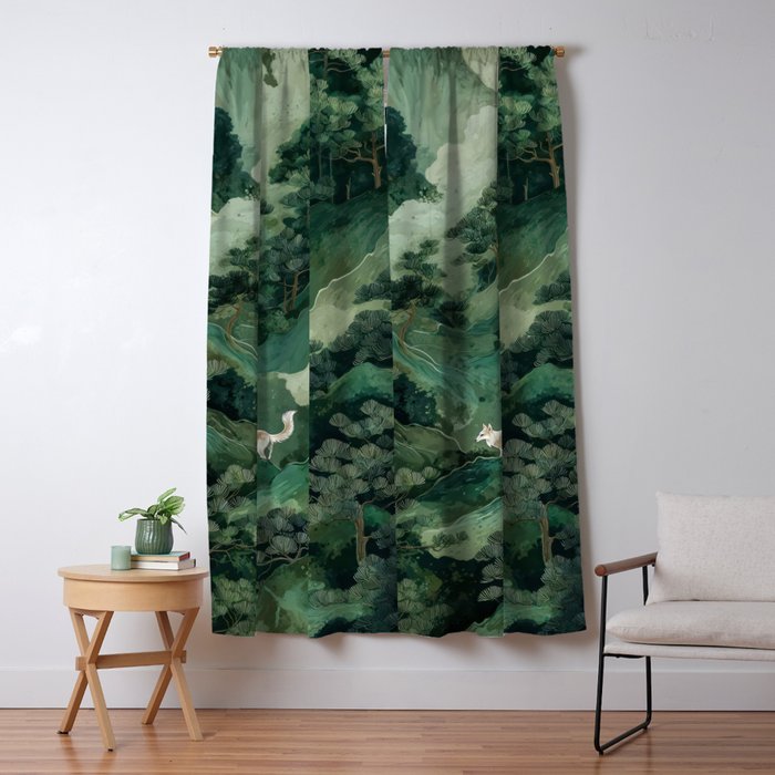 Japanese Wall Art Maximalist Forest Fox Print Japandi Art Sage Green Botanical Wabi Sabi Painting Window Curtain Gallery Image 5