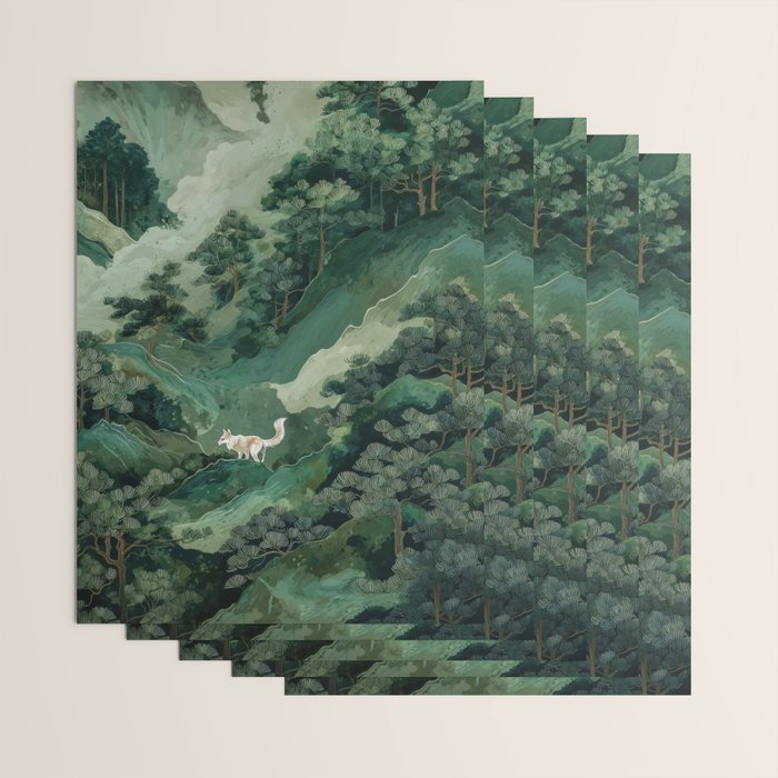 Japanese Wall Art Maximalist Forest Fox Print Japandi Art Sage Green Botanical Wabi Sabi Painting Wrapping Paper Gallery Image 3
