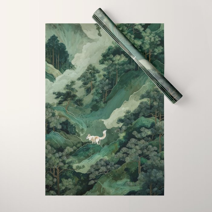 Japanese Wall Art Maximalist Forest Fox Print Japandi Art Sage Green Botanical Wabi Sabi Painting Wrapping Paper Gallery Image 1