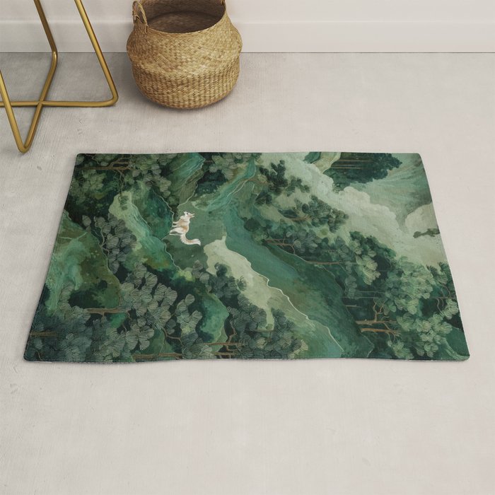 Japanese Wall Art Maximalist Forest Fox Print Japandi Art Sage Green Botanical Wabi Sabi Painting Rug Gallery Image 1