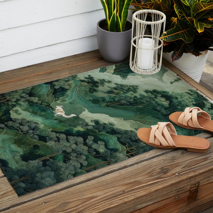 Japanese Wall Art Maximalist Forest Fox Print Japandi Art Sage Green Botanical Wabi Sabi Painting Outdoor Rug Gallery Image 2