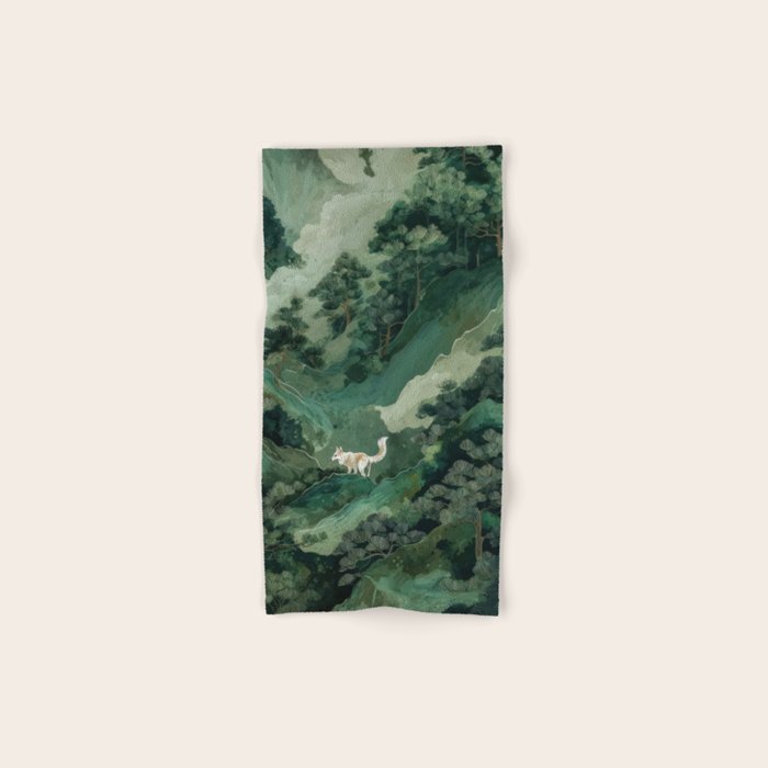 Japanese Wall Art Maximalist Forest Fox Print Japandi Art Sage Green Botanical Wabi Sabi Painting Bath Towel Gallery Image 1