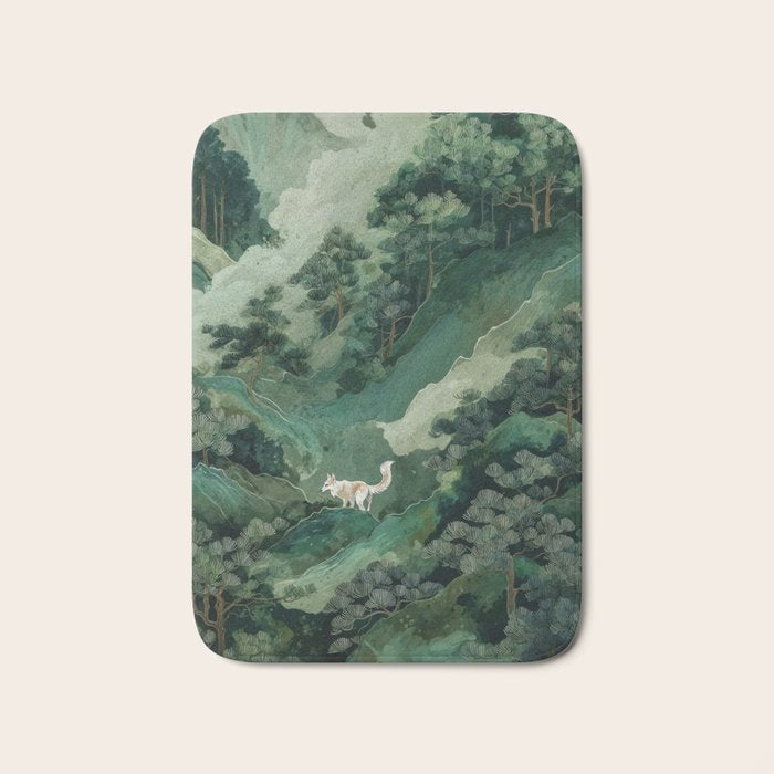 Japanese Wall Art Maximalist Forest Fox Print Japandi Art Sage Green Botanical Wabi Sabi Painting Bath Mat Gallery Image 1