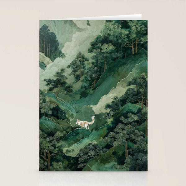Japanese Wall Art Maximalist Forest Fox Print Japandi Art Sage Green Botanical Wabi Sabi Painting Stationery Card Gallery Image 2