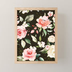Pink & White Roses On Black Background Watercolor Painting Floral Pattern Mini Art Print Gallery Image 1