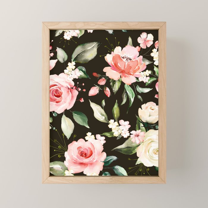 Pink & White Roses On Black Background Watercolor Painting Floral Pattern Mini Art Print Gallery Image 1