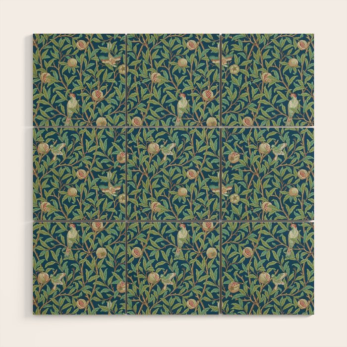 William Morris Bird and Pomegranate Blue Sage Wood Wall Art Gallery Image 1