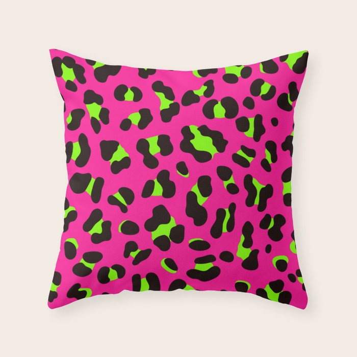 80s Neon Pink and Lime Green Leopard Throw Pillow Gallery Image 6