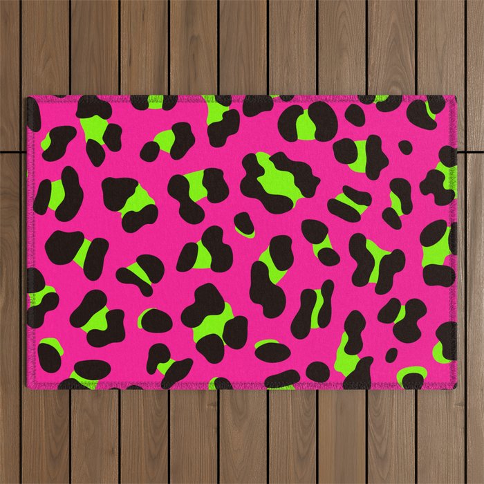 80s Neon Pink and Lime Green Leopard Outdoor Rug Gallery Image 1