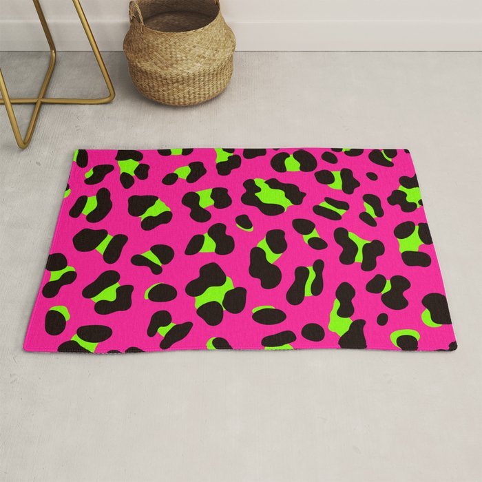 80s Neon Pink and Lime Green Leopard Rug Gallery Image 1