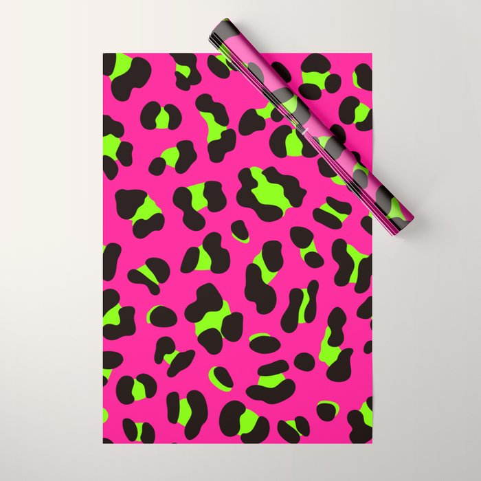 80s Neon Pink and Lime Green Leopard Wrapping Paper Gallery Image 1