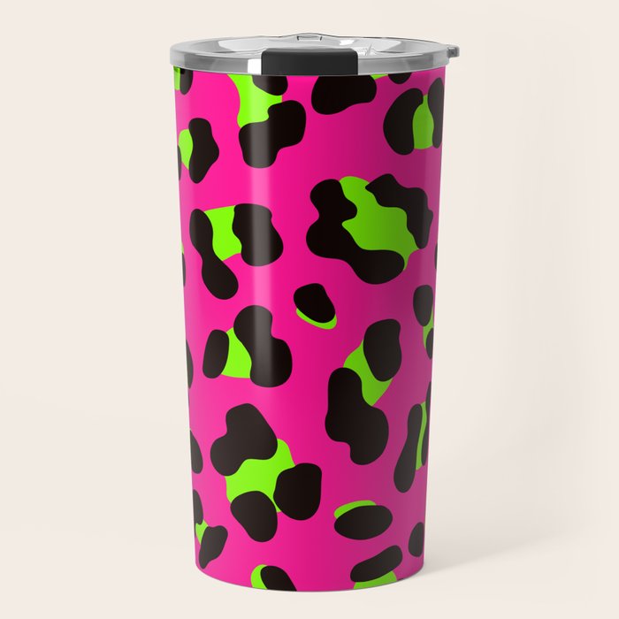 80s Neon Pink and Lime Green Leopard Travel Mug Gallery Image 1