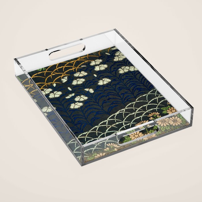 Antique White, Pink and Blue Floral Japanese Silk Print Acrylic Tray Gallery Image 1