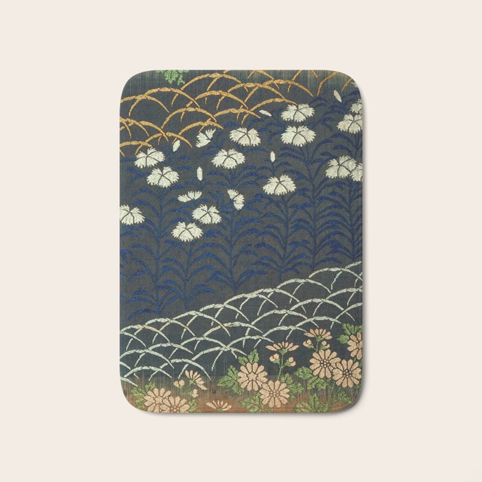 Antique White, Pink and Blue Floral Japanese Silk Print Bath Mat Gallery Image 1