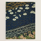 Antique White, Pink and Blue Floral Japanese Silk Print Jigsaw Puzzle Gallery Image 1