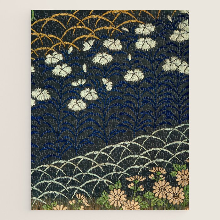 Antique White, Pink and Blue Floral Japanese Silk Print Jigsaw Puzzle Gallery Image 1