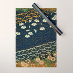 Antique White, Pink and Blue Floral Japanese Silk Print Wrapping Paper Gallery Image 1